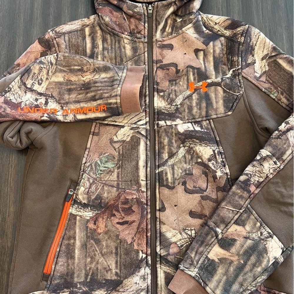 Under Armour Mens Camo Full Zip Hoodie Mossy Oak Hunting Jacket Brown Orange